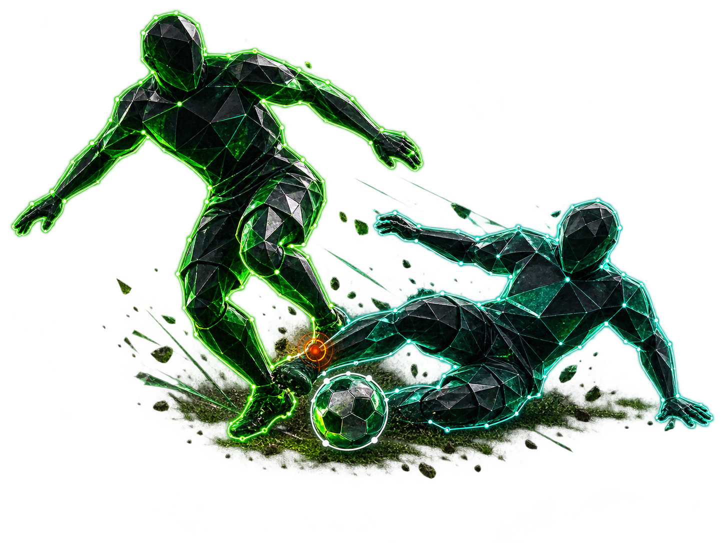 Two faceted tracked football entities colliding in a foul beside the outlined ball