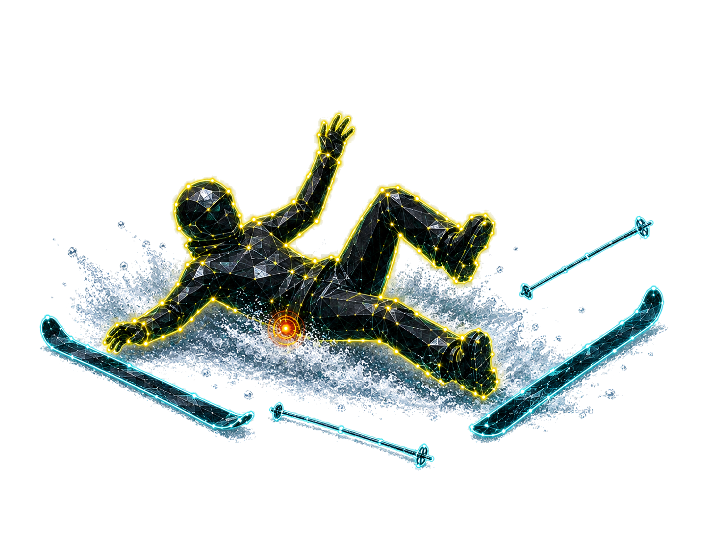 A faceted tracked skier sliding through snow after a fall with separated outlined skis and poles