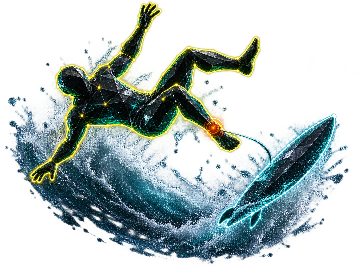A faceted tracked surfer falling away from an outlined surfboard in breaking waves